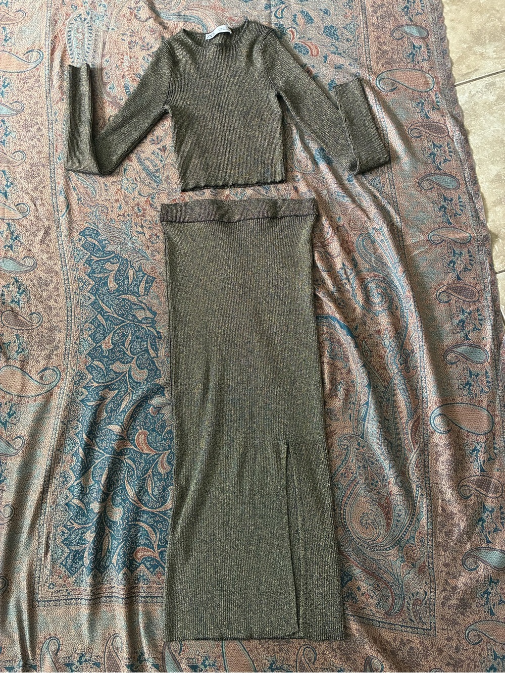 ZARA Ribbed Knit Two-Piece Dress Set in Brown/ Metallic
